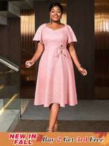 AOMEIDRESS Elegant Jacquard A Line Church Dress 3D Flower Puff Sleeve Pink / S