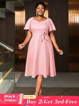 AOMEIDRESS Elegant Jacquard A Line Church Dress 3D Flower Puff Sleeve Pink / S