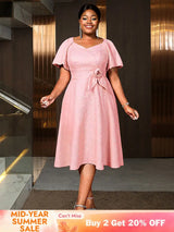 AOMEIDRESS Elegant Jacquard A Line Church Dress 3D Flower Puff Sleeve Pink / S