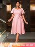 AOMEIDRESS Elegant Jacquard A Line Church Dress 3D Flower Puff Sleeve Pink / S