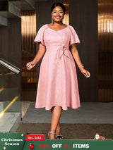 AOMEIDRESS Elegant Jacquard A Line Church Dress 3D Flower Puff Sleeve Pink / S