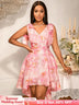 AOMEIDRESS Elegant Jacquard A Line Party Dress High Low Hem V Neck Pink / S