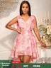 AOMEIDRESS Elegant Jacquard A Line Party Dress High Low Hem V Neck Pink / S
