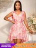 AOMEIDRESS Elegant Jacquard A Line Party Dress High Low Hem V Neck Pink / S
