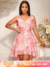 AOMEIDRESS Elegant Jacquard A Line Party Dress High Low Hem V Neck Pink / S