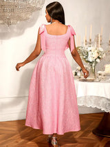 AOMEIDRESS Elegant Jacquard A Line Party Dress Square Collar With Bow