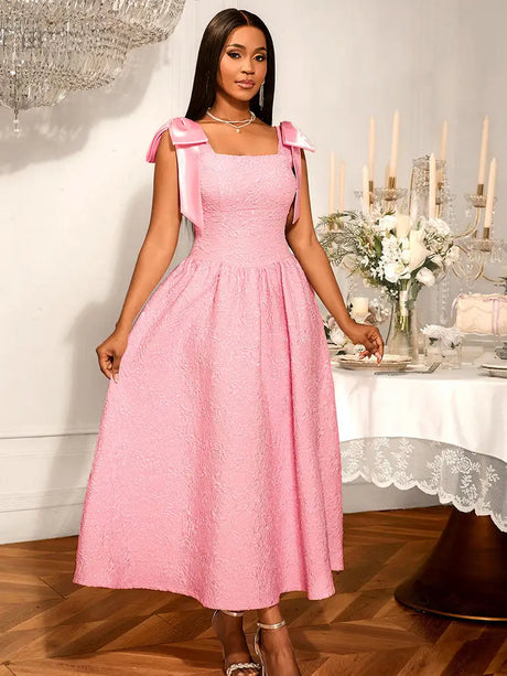 AOMEIDRESS Elegant Jacquard A Line Party Dress Square Collar With Bow