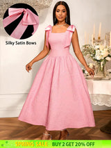 AOMEIDRESS Elegant Jacquard A Line Party Dress Square Collar With Bow Pink / S