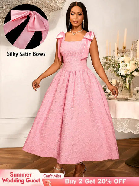 AOMEIDRESS Elegant Jacquard A Line Party Dress Square Collar With Bow Pink / S
