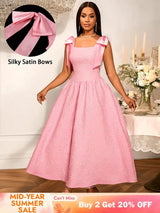 AOMEIDRESS Elegant Jacquard A Line Party Dress Square Collar With Bow Pink / S