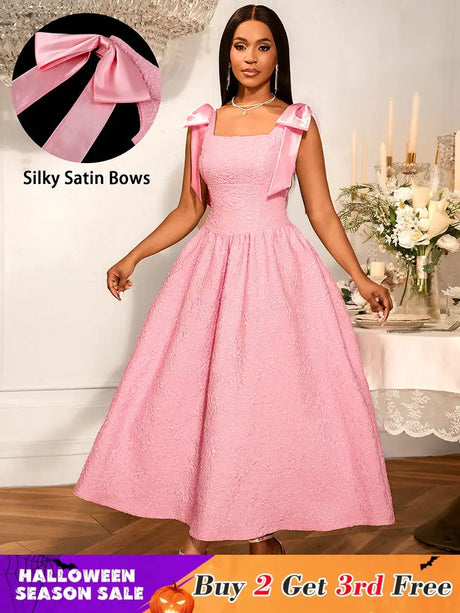AOMEIDRESS Elegant Jacquard A Line Party Dress Square Collar With Bow Pink / S