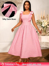 AOMEIDRESS Elegant Jacquard A Line Party Dress Square Collar With Bow Pink / S