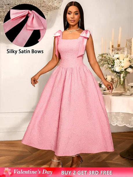 AOMEIDRESS Elegant Jacquard A Line Party Dress Square Collar With Bow Pink / S