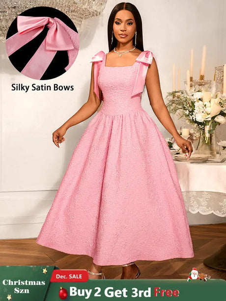 AOMEIDRESS Elegant Jacquard A Line Party Dress Square Collar With Bow Pink / S