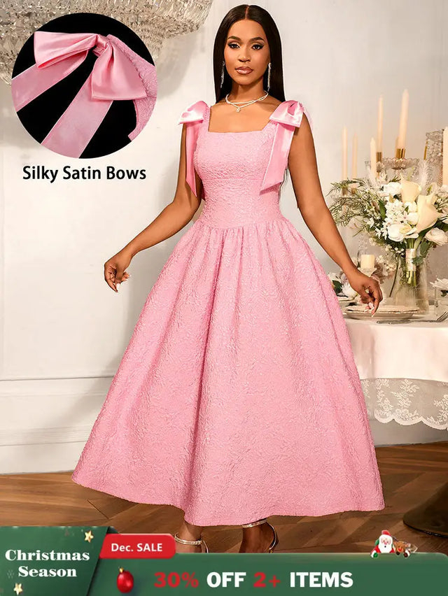AOMEIDRESS Elegant Jacquard A Line Party Dress Square Collar With Bow Pink / S