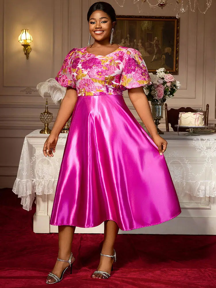 AOMEIDRESS Elegant Jacquard A Line Wedding Guest Dress Puff Sleeve