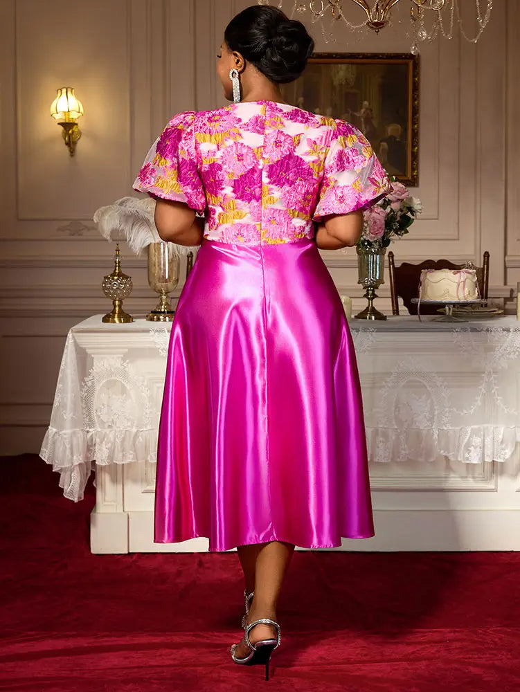 AOMEIDRESS Elegant Jacquard A Line Wedding Guest Dress Puff Sleeve