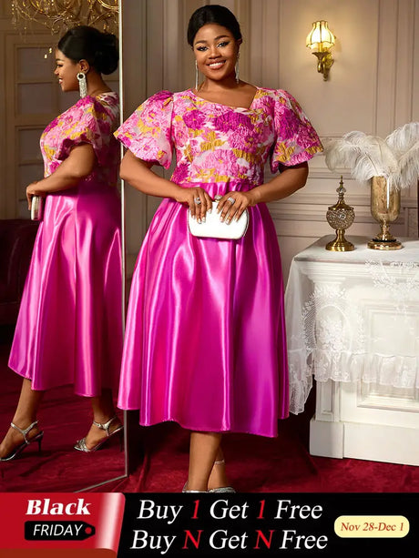 AOMEIDRESS Elegant Jacquard A Line Wedding Guest Dress Puff Sleeve Rose / 0XL