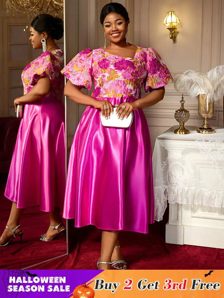AOMEIDRESS Elegant Jacquard A Line Wedding Guest Dress Puff Sleeve Rose / 0XL