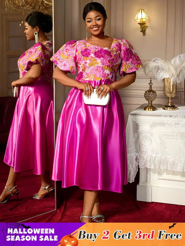 AOMEIDRESS Elegant Jacquard A Line Wedding Guest Dress Puff Sleeve Rose / 0XL
