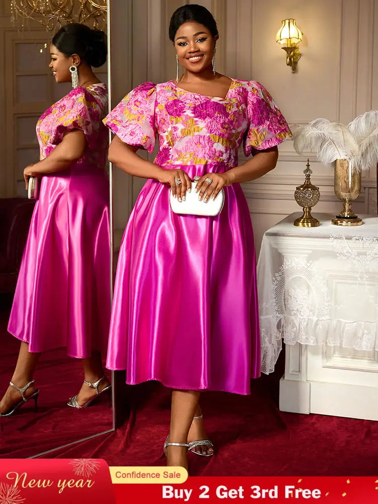 AOMEIDRESS Elegant Jacquard A Line Wedding Guest Dress Puff Sleeve Rose / 0XL