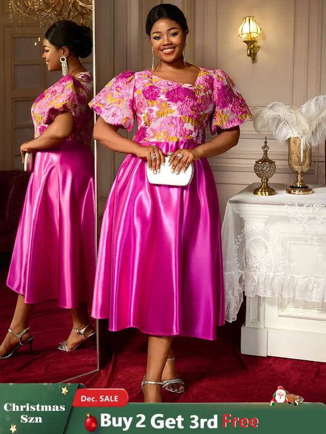 AOMEIDRESS Elegant Jacquard A Line Wedding Guest Dress Puff Sleeve Rose / 0XL