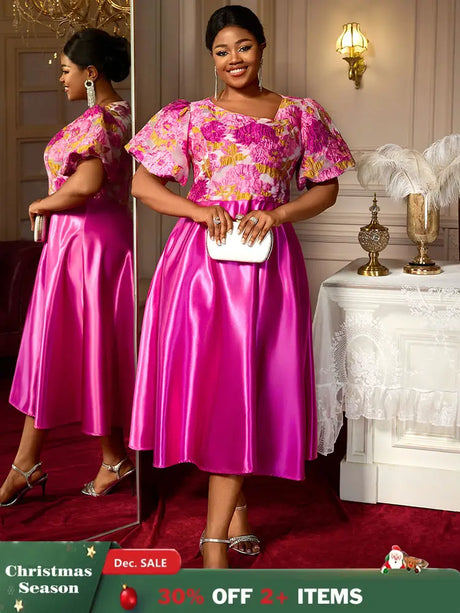 AOMEIDRESS Elegant Jacquard A Line Wedding Guest Dress Puff Sleeve Rose / 0XL