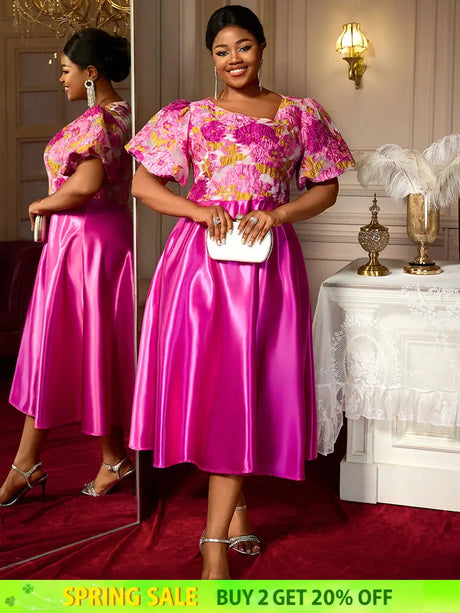 AOMEIDRESS Elegant Jacquard A Line Wedding Guest Dress Puff Sleeve Rose / 0XL