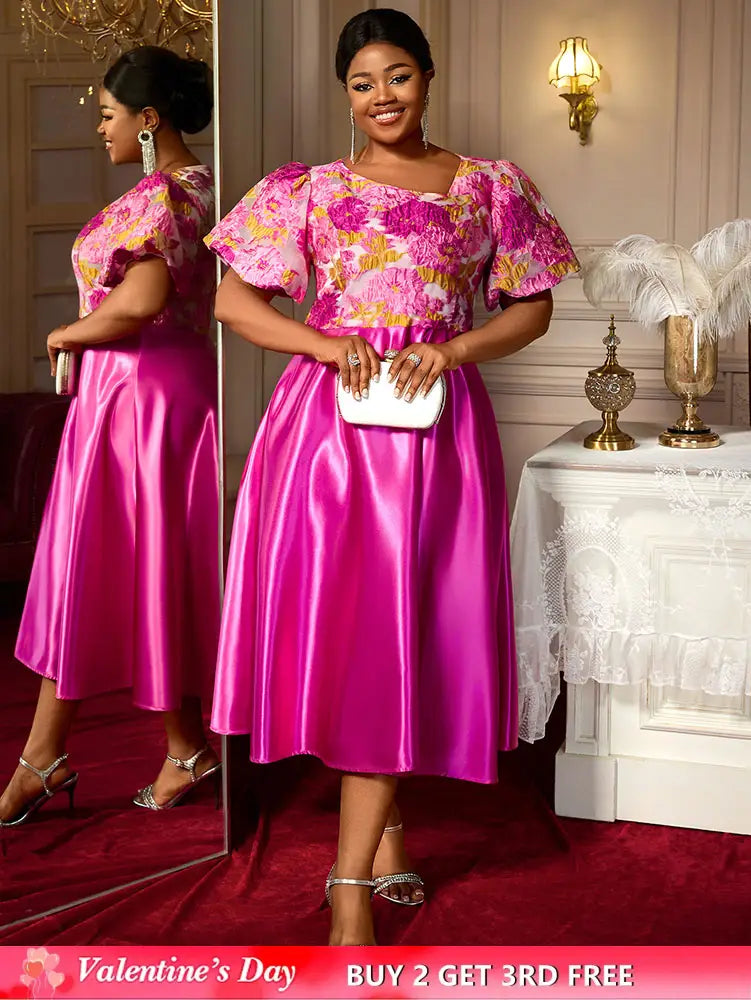 AOMEIDRESS Elegant Jacquard A Line Wedding Guest Dress Puff Sleeve Rose / 0XL