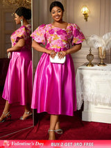 AOMEIDRESS Elegant Jacquard A Line Wedding Guest Dress Puff Sleeve Rose / 0XL