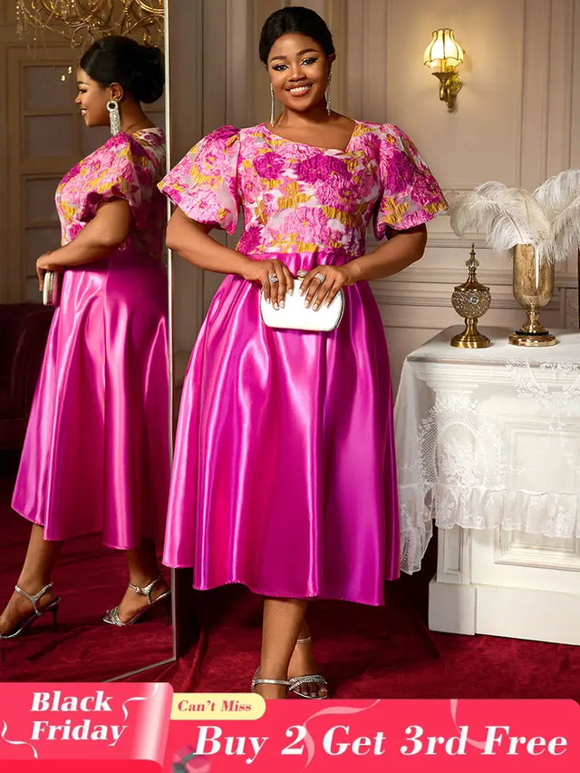 AOMEIDRESS Elegant Jacquard A Line Wedding Guest Dress Puff Sleeve Rose / 0XL