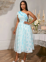AOMEIDRESS Elegant Jacquard A Line Wedding Guests Dress One Shoulder