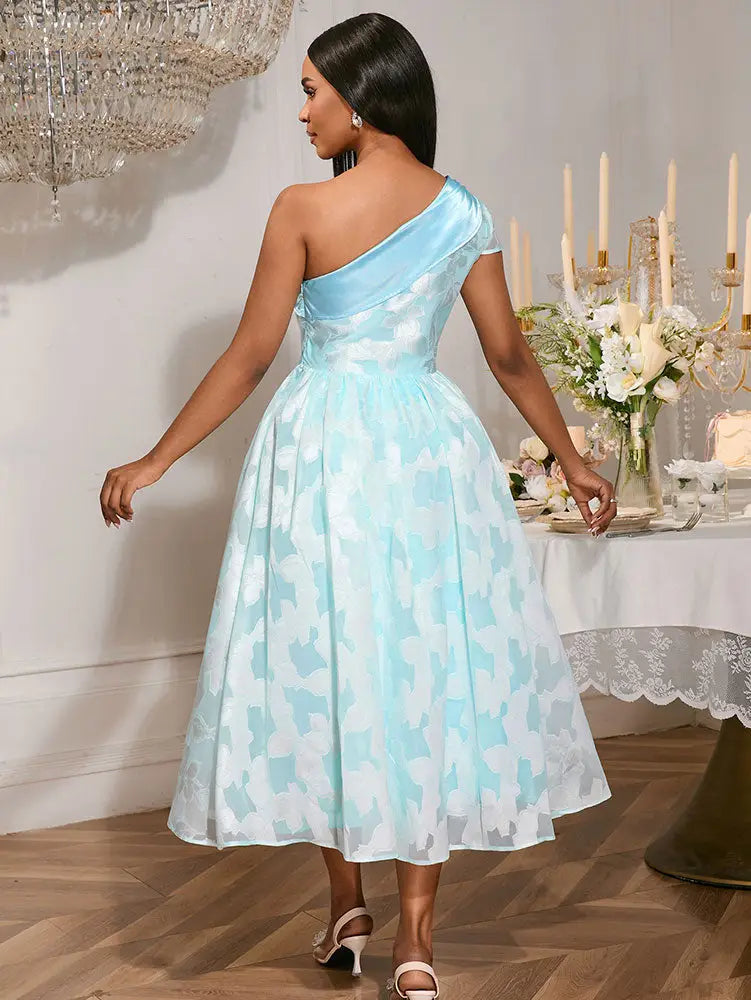 AOMEIDRESS Elegant Jacquard A Line Wedding Guests Dress One Shoulder