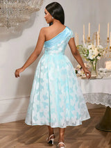 AOMEIDRESS Elegant Jacquard A Line Wedding Guests Dress One Shoulder