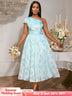 AOMEIDRESS Elegant Jacquard A Line Wedding Guests Dress One Shoulder LightBlue / S