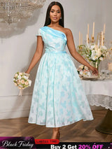 AOMEIDRESS Elegant Jacquard A Line Wedding Guests Dress One Shoulder LightBlue / S
