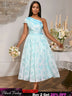 AOMEIDRESS Elegant Jacquard A Line Wedding Guests Dress One Shoulder LightBlue / S