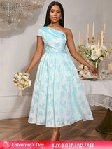 AOMEIDRESS Elegant Jacquard A Line Wedding Guests Dress One Shoulder LightBlue / S