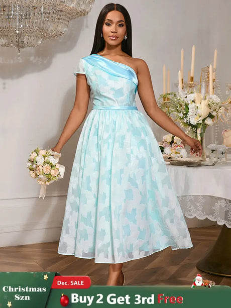 AOMEIDRESS Elegant Jacquard A Line Wedding Guests Dress One Shoulder LightBlue / S
