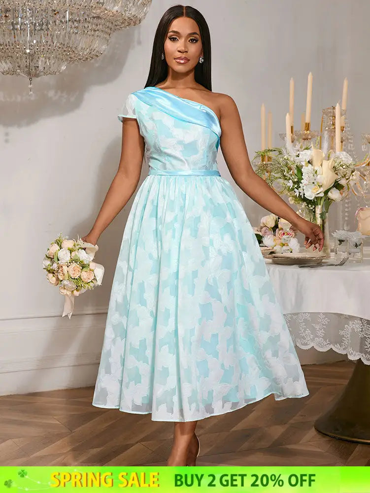 AOMEIDRESS Elegant Jacquard A Line Wedding Guests Dress One Shoulder LightBlue / S