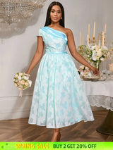 AOMEIDRESS Elegant Jacquard A Line Wedding Guests Dress One Shoulder LightBlue / S