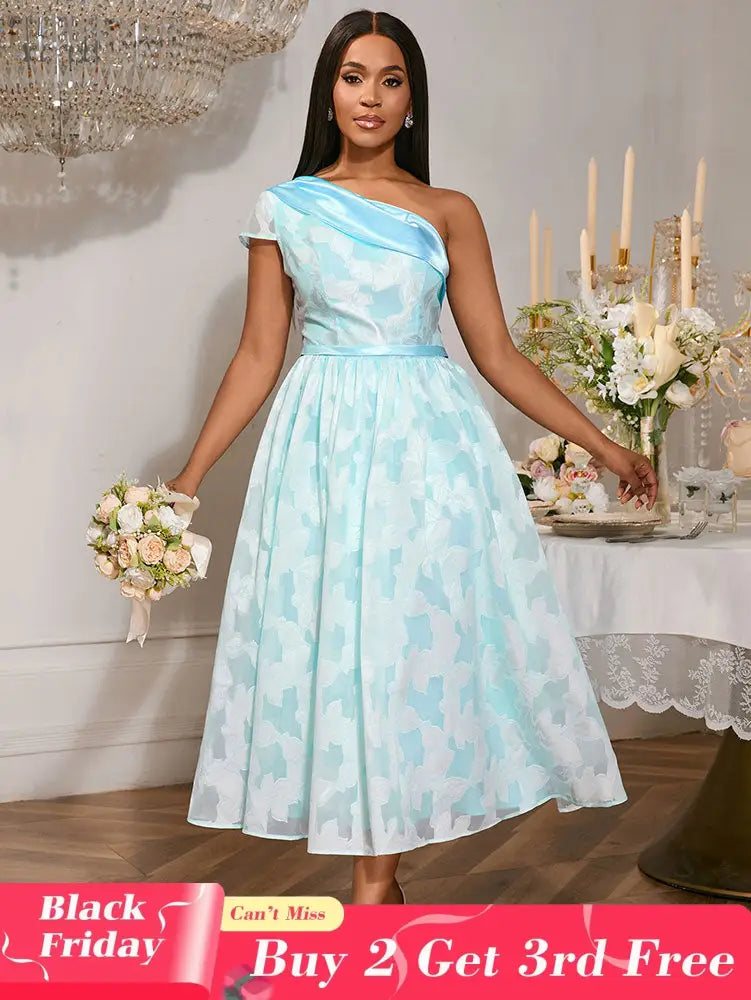 AOMEIDRESS Elegant Jacquard A Line Wedding Guests Dress One Shoulder LightBlue / S