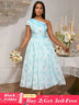 AOMEIDRESS Elegant Jacquard A Line Wedding Guests Dress One Shoulder LightBlue / S