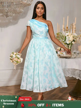 AOMEIDRESS Elegant Jacquard A Line Wedding Guests Dress One Shoulder LightBlue / S