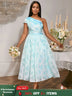 AOMEIDRESS Elegant Jacquard A Line Wedding Guests Dress One Shoulder LightBlue / S