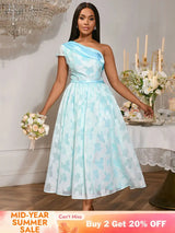 AOMEIDRESS Elegant Jacquard A Line Wedding Guests Dress One Shoulder LightBlue / S