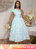 AOMEIDRESS Elegant Jacquard A Line Wedding Guests Dress One Shoulder LightBlue / S