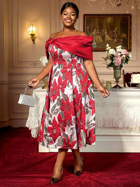 AOMEIDRESS Elegant Jacquard A Line Wedding Guests Dresses Slash Neck