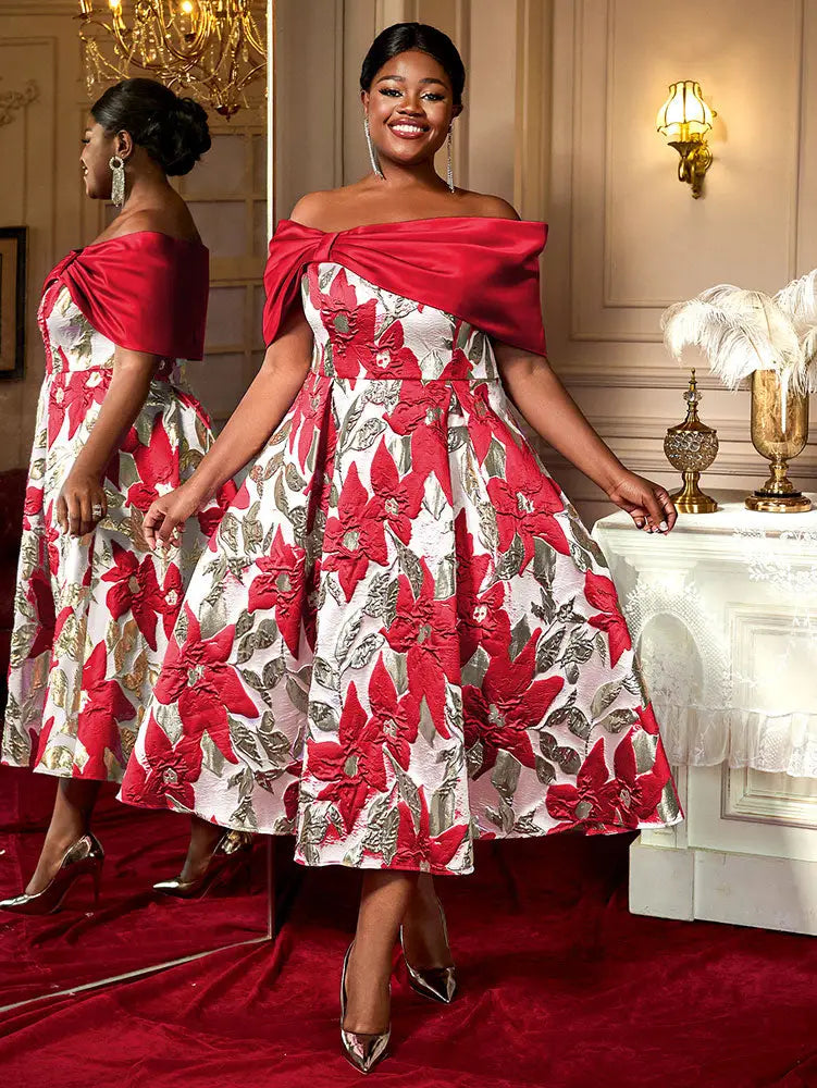 AOMEIDRESS Elegant Jacquard A Line Wedding Guests Dresses Slash Neck Red / 0XL