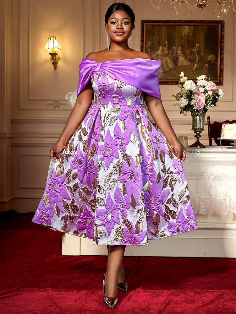 AOMEIDRESS Elegant Jacquard A Line Wedding Guests Dresses Slash Neck Purple / 0XL